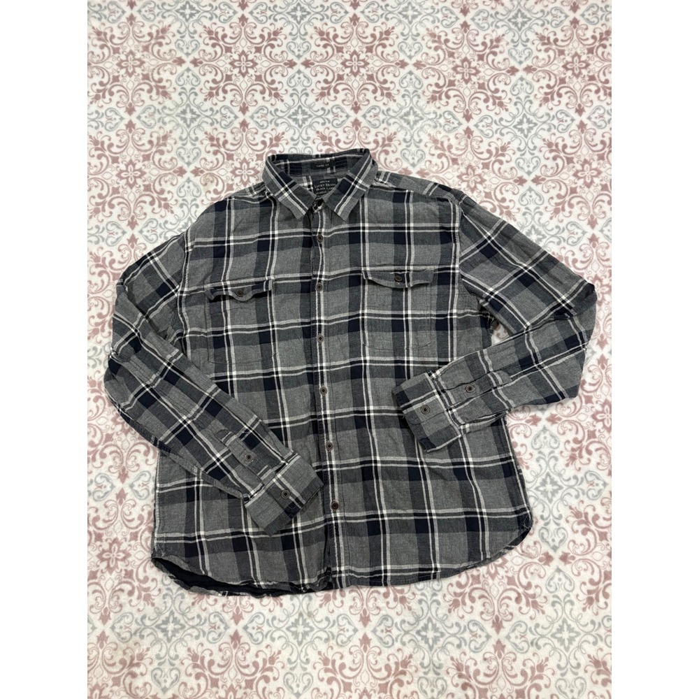 Lucky Brand Black Label Mens XL Grey Navy Blue Plaid Flannel Button Down Shirt